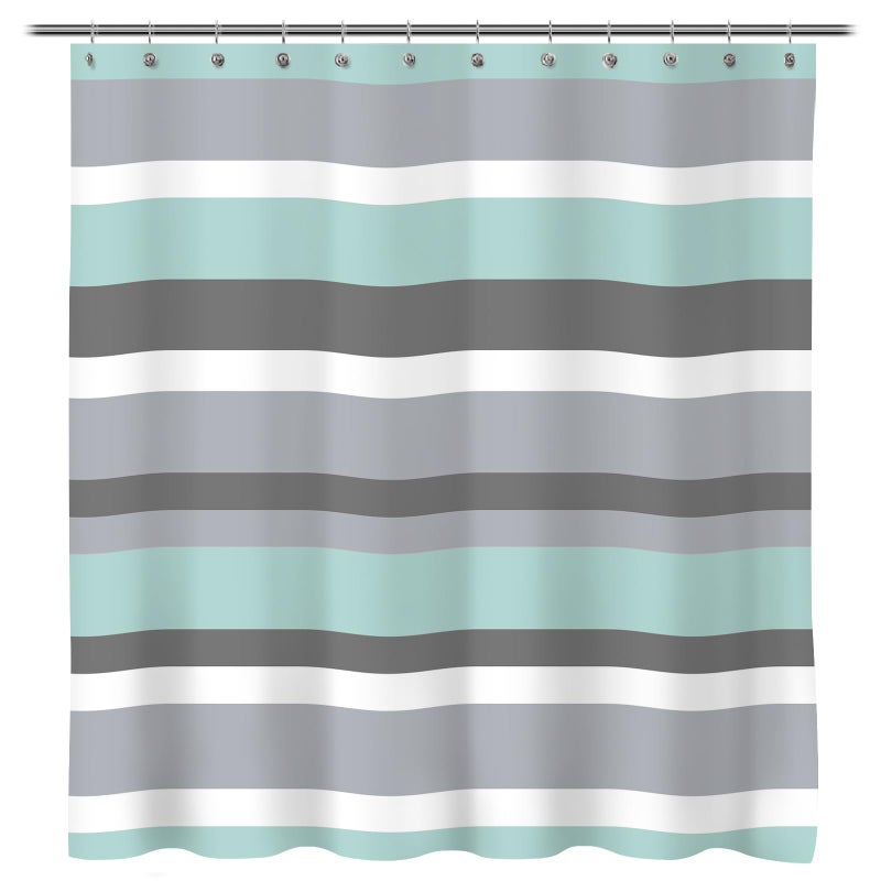 Sunlit Extra Long Aqua Blue Gray Horizontal Stripes Water-Repellent Fabric Shower Curtain with Reinforced Metal Grommets Refreshing Striped Design Bathroom Decor, 72" W x 84" H - Image 1